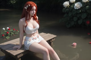 white girl, with thick red hair down to her waist, with no clothes on top, a semi-transparent white short, with her hands behind her body, sitting facing forward on a wooden bench that is over a shallow river, with a flower garden as the background, a clear sky and a red rose in her hair