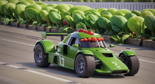 (high_res, masterpiece, ), (anthropomorphic vegetables:1.5), green mage dress ), vegetables competing in a race, racing car made from vegetable, intense race, ((racing track)), (vegetables running) no_humans, dress, detailed_background, 3d rendering,  forests, stadium