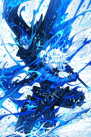 1male, 16k, hd, detailed, futuristic, masterpiece,katana,samurai, detailed face, complex_background,no_humans, detailed face, beautiful detailed eyes), High contrast, (best illumination, an extremely delicate and beautiful),dynamic pose, warzone,holding flaming sword, blue flames, glow, glowing weapon, light particles, long white hair, BLUE  FIRE, 