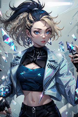 (masterpiece, best quality, highres), detailed, 1girl, long_ponytail, Awesome, akali, jewelry, fingerless gloves, midriff, earrings, (two-tone hair, black hair,blonde hair) full_body, open jacket, black gloves, simple background, holding dagger, ,Detailedface,  detailed face, blue eyes 