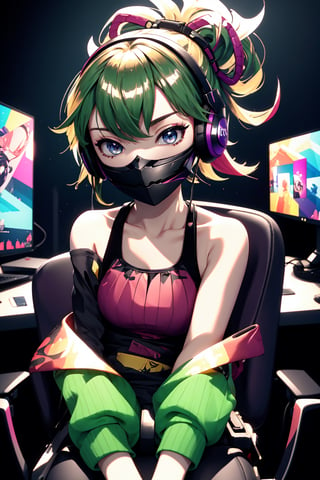 kuki sinobu, streamer, cute outfit, masterpiece, tanktop, cool headset, rgb cmputer, sit on gaming chair, beautiful face, umask,looking_at_viewer, three monitors