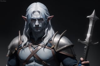 Drow elf male warrior, with long white hair, blue skin, leather armor and longswords in both hands