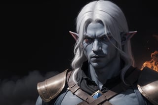 Drow elf male warrior, with long white hair, blue skin, leather armor,longsword in right hand, wallpaper, red eyes, panoramic view, 8k, black smoke in background