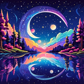 Leonardo Style, A serene photograph capturing the essence of Yin and Yang in nature: a calm lake reflecting a clear night sky with a half-moon, where the dark and light halves of the moon are mirrored perfectly in the water, symbolizing cosmic harmony and balance, ensuring a visually stunning masterpiece, colorful, detailed, 4k, pro vector, full design, Alchemy Smooth Upscaled