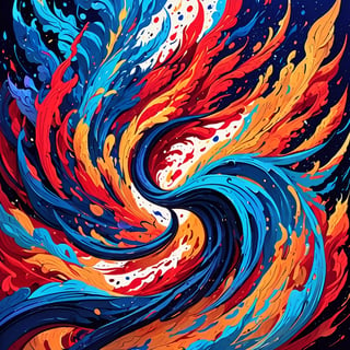 Leonardo Style,  An abstract painting showcasing the concept of separation and unity: vivid strokes of fiery red and cool blue intertwining and diverging, only to converge again, symbolizing the eternal cycle of harmony and discord in the universe, ensuring a visually stunning masterpiece, colorful, detailed, 4k, pro vector, full design, Alchemy Smooth Upscaled