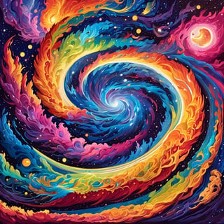 Leonardo Style, An oil painting that blends the concept of cosmic energy and duality: a swirling, vibrant galaxy divided into two distinct halves, one teeming with life and color, and the other shrouded in mysterious darkness, conveying the eternal dance of creation and destruction in the cosmos, ensuring a visually stunning masterpiece, colorful, detailed, 4k, pro vector, full design, Alchemy Smooth Upscaled