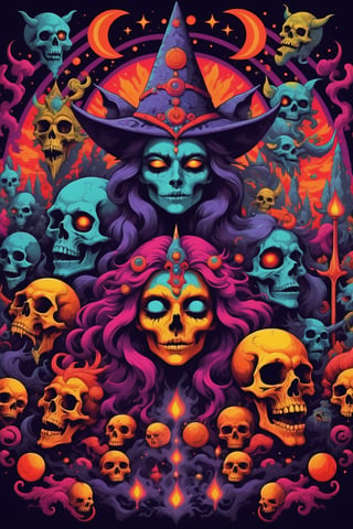 Psychedelic rock design, Witches, skulls, Demons, Medieval age, evil spirits, Sexy, high contrast color palette. 