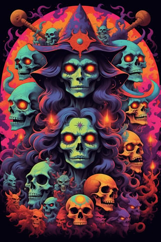 Psychedelic rock design, Witches, skulls, Demons, Dark coven, evil spirits,high contrast color palette. ,Leonardo Style