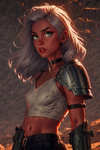 beautiful eyes,beautiful hair, silver hair, green_eyes,detailed_eyes,perfect_eyes,bare_shoulder,bare_midriff,SAM YANG,High detailed ,drow,steel_armor,choker