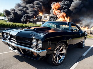 stuning masterpiece, black bold outline intricate photo of a powerful classic muscle car 1970 plymouth roadrunner hemi superchargedr in a tyre burning out smoke clouds