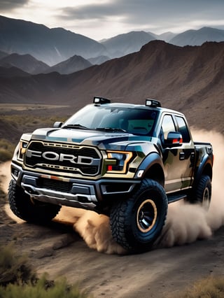 stuning black bold outline photo of a powerful and impressive camouflage ford raptor 4x4