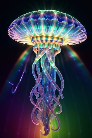 Ultra detailed jellyfish ((with iridiscent glow)), sun rays piercing through the sea water, at the bottom of the sea, very glowy jellyfish, (((holographic))), (((rainbowish)))