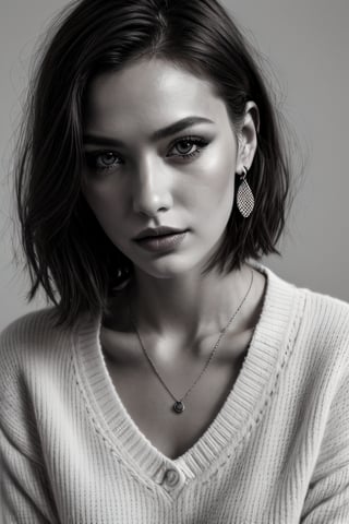 Portrait of a young woman, close-up, grayscale, brown eyes, short messy hair,neckless, earings, dark make-up, white pullover, black and white, Fujifilm XT3, contrasted, award-wining photography, detailed skin,Detailedface