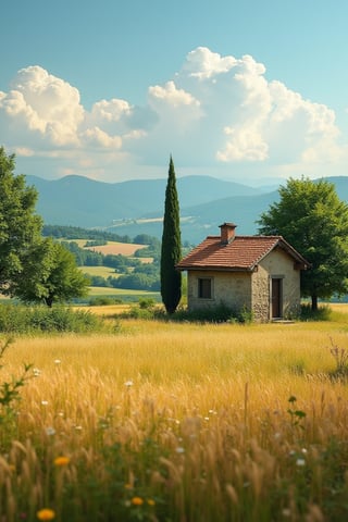 Beautiful little house in Rural Italy, surrounded by fields of different kind and trees. Summer day