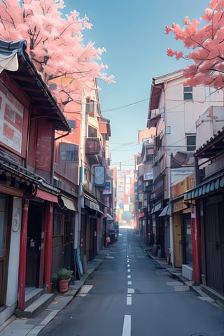 Infrared image, contrasted, Beautiful little street of seoul, blue sky, sunny day, (masterpiece)