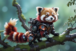 a bio mechanical cyborg tiny cute red panda, on a branch, 3d style, moss, depth of field, bokeh, cyborg style,Movie Still,Leonardo Style