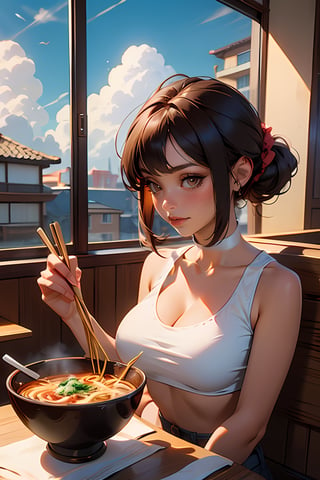 1 girl, big breast, cleavage, white crop top, chopsticks, ramen, restaurant, near windows, sunshine, blue sky, clouds,