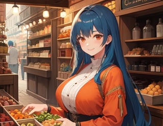 brown_eyes,electric_blue_hair, medieval clothes, orange clothes, 1_girl, merchant, long hair, big_breasts, smile
