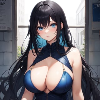 big_breasts, black_hair, blue_eyes, Blue_inside_hair