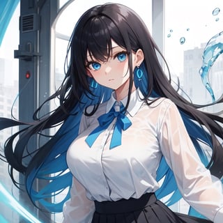 [big_breasts, black_hair, blue_eyes, blue_inside_hair, electric_blue_inside_hair]

white_blouse, blue drop earrings, black_skirt,

1_girl