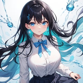 [big_breasts, black_hair, blue_eyes, blue_inside_hair, electric_blue_inside_hair]

white_blouse, blue drop earrings, black_skirt,