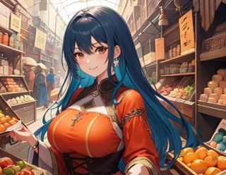 brown_eyes,electric_blue_hair, medieval clothes, orange clothes, 1_girl, merchant, long hair, big_breasts, smile
