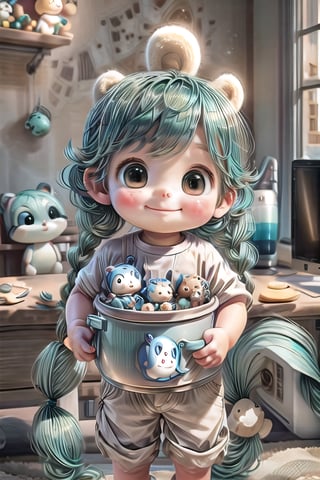 photorealistic, 1boy, sand skin:2.0, aqua hair, curly long hair with braids, racoon ears and tail, big eyes, smile,  standing, Mameluke, drinking coffee, space ship, upper body,baby face,perfecteyes, with a big computer in the background