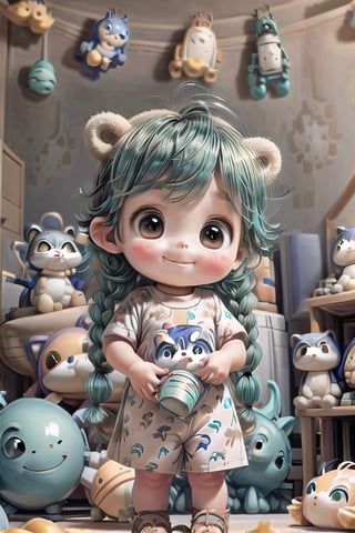 photorealistic, 1boy, sand skin:2.0, aqua hair, curly long hair with braids, racoon ears and tail, big eyes, smile,  standing, Mameluke, drinking coffee, space ship, upper body,baby face,perfecteyes, with a big computer in the background