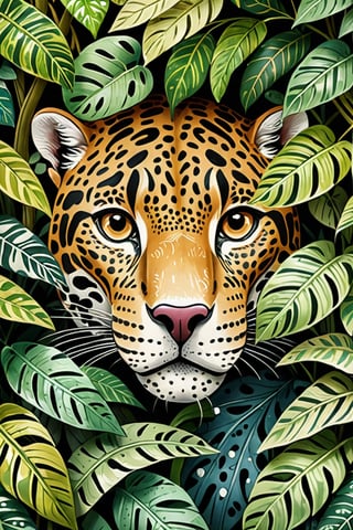 (Cinematic Photo:1.3) of (Ultra detailed:1.3) jaguar hiding behind the leaves in the rainforest, in the style of bloomsbury group, expressive character design, focus on joints/connections, leaf patterns, playful animation, shaped canvas, soft watercolours,Highly Detailed