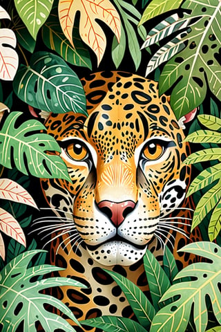 (Cinematic Photo:1.3) of (Ultra detailed:1.3) jaguar hiding behind the leaves in the rainforest, in the style of bloomsbury group, expressive character design, focus on joints/connections, leaf patterns, playful animation, shaped canvas, soft watercolours,Highly Detailed