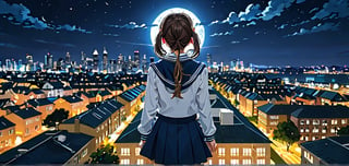 masterpiece, top quality, best quality, official art, beautiful and aesthetic, extreme detailed, colorful, highest detailed, (solo:1.5), a girl in Cityscape, Aerial View, night, moon, a girl,backview, school girl, serafuku, cute girl,
