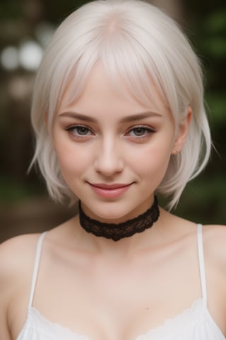 1girl, heart-shaped pupils, fingernails, white hair, purple eyes, (blush:1.1), choker, upper body, trembling, sweat, sweatdrop, heart, (medium breasts:0.6), love, heart, crop top, happy, smile, lace, bokeh, (freckles:0.8), natural skin texture, portrait,realistic