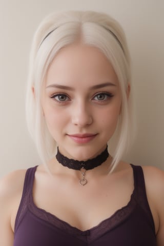 1girl, heart-shaped pupils, fingernails, white hair, purple eyes, (blush:1.1), choker, upper body, trembling, sweat, sweatdrop, heart, (medium breasts:0.6), love, heart, crop top, happy, smile, lace, bokeh, (freckles:0.8), natural skin texture, portrait,realistic