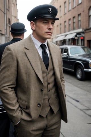 
In a dimly lit alley, an opulent vintage Mercedes stands as a backdrop, emanating an aura of class and mystique. Three impeccably dressed men, epitomizing the essence of the Peaky Blinders era, stand in a row. The man at the forefront, sporting a sharp tailored suit and a sleek flat cap tilted at just the right angle, exudes confidence. His stern gaze and hardened features define his fierce and cunning nature. He leans on the car, emanating an air of authority. Beside him stands another man, equally dapper in his attire, his coat buttoned and a gold pocket watch dangling from a chain. His face carries a sense of stoicism, revealing a history of challenges and triumphs. His eyes, sharp and calculating, hint at a keen intellect. The third man, slightly in the background but still noticeable, is impeccably dressed as well. His attire, a blend of vintage fashion and modern flair, showcases his rebellious spirit. A carefully groomed beard and intense, piercing eyes complete his rugged yet refined look. In the midst of this charismatic trio, two fierce bulldogs stand guard, exuding a sense of loyalty and ferocity. Their determined expressions and muscular stature reinforce the aura of strength and power surrounding the men. The combination of the vintage Mercedes, the iconic fashion, and the fierce bulldogs perfectly encapsulates the essence of the Peaky Blinders era, creating an image that is both timeless and captivating ,PinchingPOV,SD 1.5