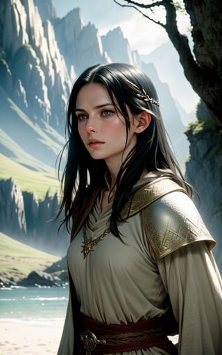 photo of arwen undomiel from Lord of the Rings, film grain, dramatic cinematic lut,realistic,character,photorealistic