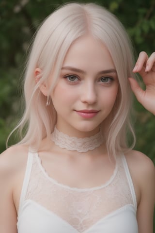 1girl, heart-shaped pupils, fingernails, white hair, purple eyes, (blush:1.1), choker, upper body, trembling, sweat, sweatdrop, heart, (medium breasts:0.6), love, heart, crop top, happy, smile, lace, bokeh, (freckles:0.8), natural skin texture, portrait,realistic