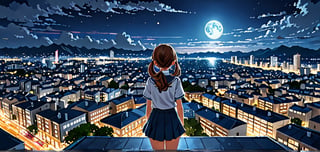 masterpiece, top quality, best quality, official art, beautiful and aesthetic, extreme detailed, colorful, highest detailed, (solo:1.5), a girl in Cityscape, Aerial View, night, moon, a girl,backview, school girl, serafuku, cute girl,
