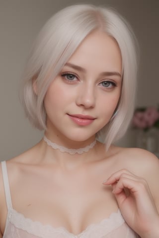 1girl, heart-shaped pupils, fingernails, white hair, purple eyes, (blush:1.1), choker, upper body, trembling, sweat, sweatdrop, heart, (medium breasts:0.6), love, heart, crop top, happy, smile, lace, bokeh, (freckles:0.8), natural skin texture, portrait,realistic