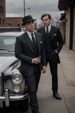 In a dimly lit alley, an opulent vintage Mercedes stands as a backdrop, emanating an aura of class and mystique. Three impeccably dressed men, epitomizing the essence of the Peaky Blinders era, stand in a row. The man at the forefront, sporting a sharp tailored suit and a sleek flat cap tilted at just the right angle, exudes confidence. His stern gaze and hardened features define his fierce and cunning nature. He leans on the car, emanating an air of authority. Beside him stands another man, equally dapper in his attire, his coat buttoned and a gold pocket watch dangling from a chain. His face carries a sense of stoicism, revealing a history of challenges and triumphs. His eyes, sharp and calculating, hint at a keen intellect. The third man, slightly in the background but still noticeable, is impeccably dressed as well. His attire, a blend of vintage fashion and modern flair, showcases his rebellious spirit. A carefully groomed beard and intense, piercing eyes complete his rugged yet refined look. In the midst of this charismatic trio, two fierce bulldogs stand guard, exuding a sense of loyalty and ferocity. Their determined expressions and muscular stature reinforce the aura of strength and power surrounding the men. The combination of the vintage Mercedes, the iconic fashion, and the fierce bulldogs perfectly encapsulates the essence of the Peaky Blinders era, creating an image that is both timeless and captivating ,PinchingPOV,SD 1.5,base model