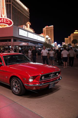 Photo of a classic red mustang car parked in las vegas strip at night,SD 1.5