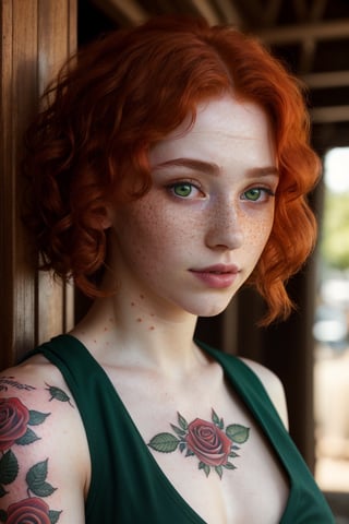 In a (RAW, highest quality) and (extremely detailed 8k CG wallpaper unit), create a (photo-realistic) illustration of a (16-year-old girl close up) with an extraordinary appearance. This (masterpiece: 1.3) should depict a (short, slender) girl with (red curly hair), (heterochromia - a green right eye and a blue left eye), and a (pale skin) adorned with (detailed freckles). Her (slim, slender body) features (red roses tattoos on the shoulders) and (pagan symbols tattoos on the forearms and hands).
