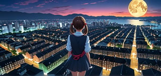 masterpiece, top quality, best quality, official art, beautiful and aesthetic, extreme detailed, colorful, highest detailed, (solo:1.5), a girl in Cityscape, Aerial View, night, moon, a girl,backview, school girl, serafuku, cute girl,
