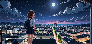 masterpiece, top quality, best quality, official art, beautiful and aesthetic, extreme detailed, colorful, highest detailed, (solo:1.5), a girl in Cityscape, Aerial View, night, moon, a girl,backview, school girl, serafuku, cute girl,
