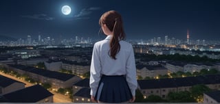 masterpiece, top quality, best quality, official art, beautiful and aesthetic, extreme detailed, colorful, highest detailed, (solo:1.5), a girl in Cityscape, Aerial View, night, moon, a girl,backview, school girl, serafuku, cute girl,
,<lora:659095807385103906:1.0>