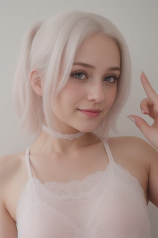 1girl, heart-shaped pupils, fingernails, white hair, purple eyes, (blush:1.1), choker, upper body, trembling, sweat, sweatdrop, heart, (medium breasts:0.6), love, heart, crop top, happy, smile, lace, bokeh, (freckles:0.8), natural skin texture, portrait,realistic