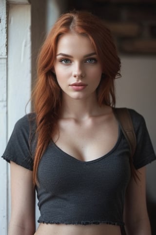 22yo russian redhead girl in old house, ( skinny:1.3, large breasts:1.1, firm breasts), wearing a plain cropped tshirt and loose cotton trousers, (shot from distance),  full body length shot,  depth of field,  (gorgeous:1.2),  detailed face,  dark theme,  night,  soothing tones,  dark colors,  high contrast,  (natural skin texture,  soft light,  sharp), (freckles:0.3),  (acne:0.3),  (messy hair:0.1),  Ultra detailed, best possible quality, Cannon EOS 5D Mark III,  85mm