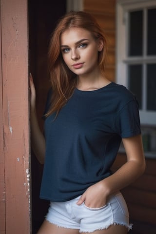 22yo russian girl in old house, ( skinny:1.3, large breasts:1.1, firm breasts), wearing a plain tshirt and loose fitting shorts, (shot from distance),  full body length shot,  depth of field,  (gorgeous:1.2),  detailed face,  dark theme,  night,  soothing tones,  dark colors,  high contrast,  (natural skin texture,  soft light,  sharp), (freckles:0.3),  (acne:0.3),  (messy hair:0.1),  Ultra detailed, best possible quality, Cannon EOS 5D Mark III,  85mm