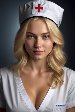 best quality, ultra detailed, hyperrealistic photography, blonde girl, sexy, upper body, cleavage:0.3, natural beauty, smirking, bedroom, nurse cap, 23 years old, ultra realistic, photorealistic, extra sharp, professional photography, soft lighting, warm lighting,  