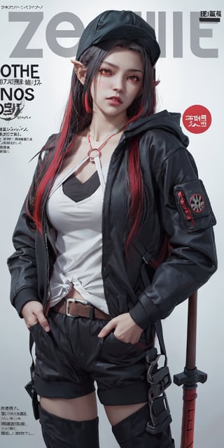 zoo v1.0Defaults17Style, (magazine cover, japanese text:1.3), 1girl, female_solo, jewelry, eye scar, sling backpack, hoodie, red eyes, hood, baseball snapback, scar on face, black hair red streaks, weapon, weapon holster, sling bag, looking at viewer, hands in pockets, sword, bomber jacket, fade hair, long sleeves, japanese text, alternate costume, character name, solid dark gray background with english texts, zippers, ropes, holster, layered outfit, buckle, necklace, layered jacket, ammo belts, eye scar, techno wear, unzip jacket, dark background, cyberpunk logo on background, seductive_pose