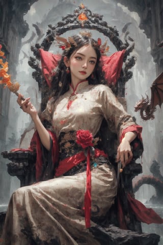 1girl, 8k, intricate, elegant, highly detailed, majestic, digital photography, art by artgerm and ruan jia and greg rutkowski surreal painting gold butterfly filigree, broken glass, (masterpiece, sidelighting, finely detailed beautiful eyes: 1.2), hdr, full_body, magic wand, water binder, throne, dragon, fire, queen of dragon 